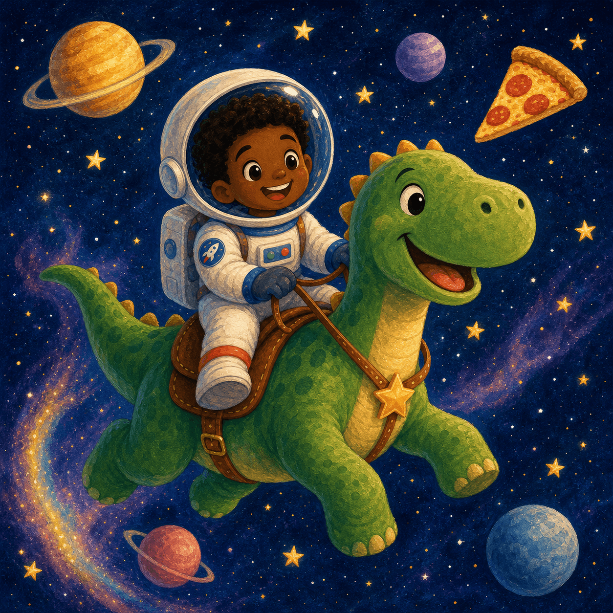Story preview illustration of a joyful child astronaut riding a friendly dinosaur through space